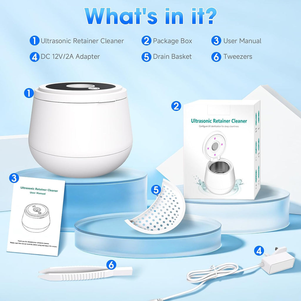 Ultrasonic Retainer Cleaner Machine, 45Khz Retainer Cleaner Machine with Digital Timer & 4 Modes, 200ML Portable Dental Cleaning Pod for Aligners, Dentures, Night Guards, Braces, Jewelry (White)