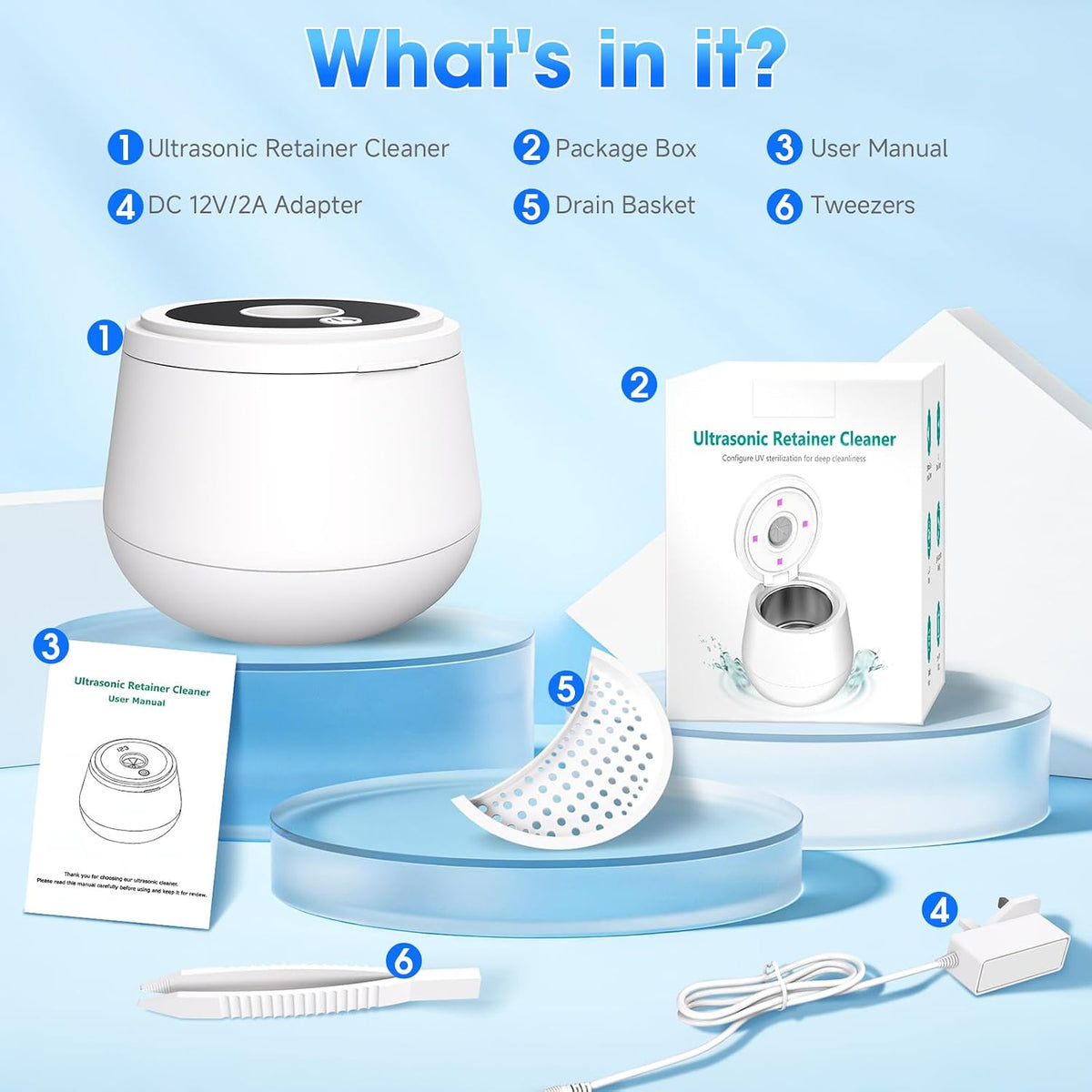 Ultrasonic Retainer Cleaner Machine, 45Khz Retainer Cleaner Machine with Digital Timer & 4 Modes, 200ML Portable Dental Cleaning Pod for Aligners, Dentures, Night Guards, Braces, Jewelry (White)