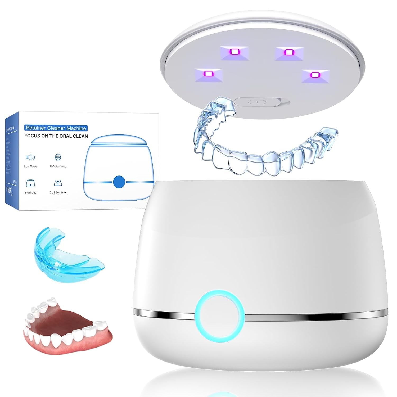 Ultrasonic Retainer Cleaner, 45Khz Denture Cleaner Machine, 5Min and 10Min Modes with Rechargable Top Cover, 200Ml Dental Cleaning Pod, Mouthguard Cleaner for Aligner Nightguard Jewelry