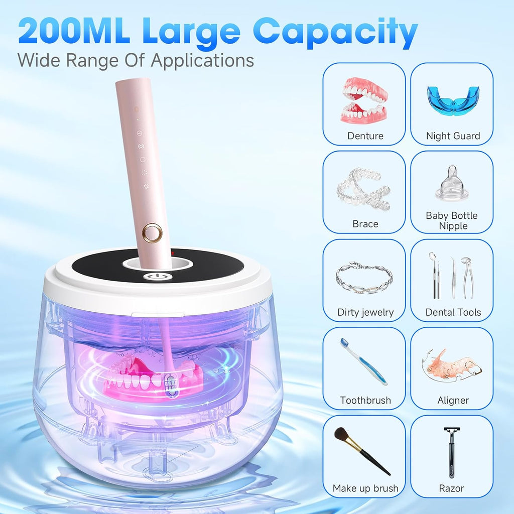 Ultrasonic Retainer Cleaner Machine, 45Khz Retainer Cleaner Machine with Digital Timer & 4 Modes, 200ML Portable Dental Cleaning Pod for Aligners, Dentures, Night Guards, Braces, Jewelry (White)