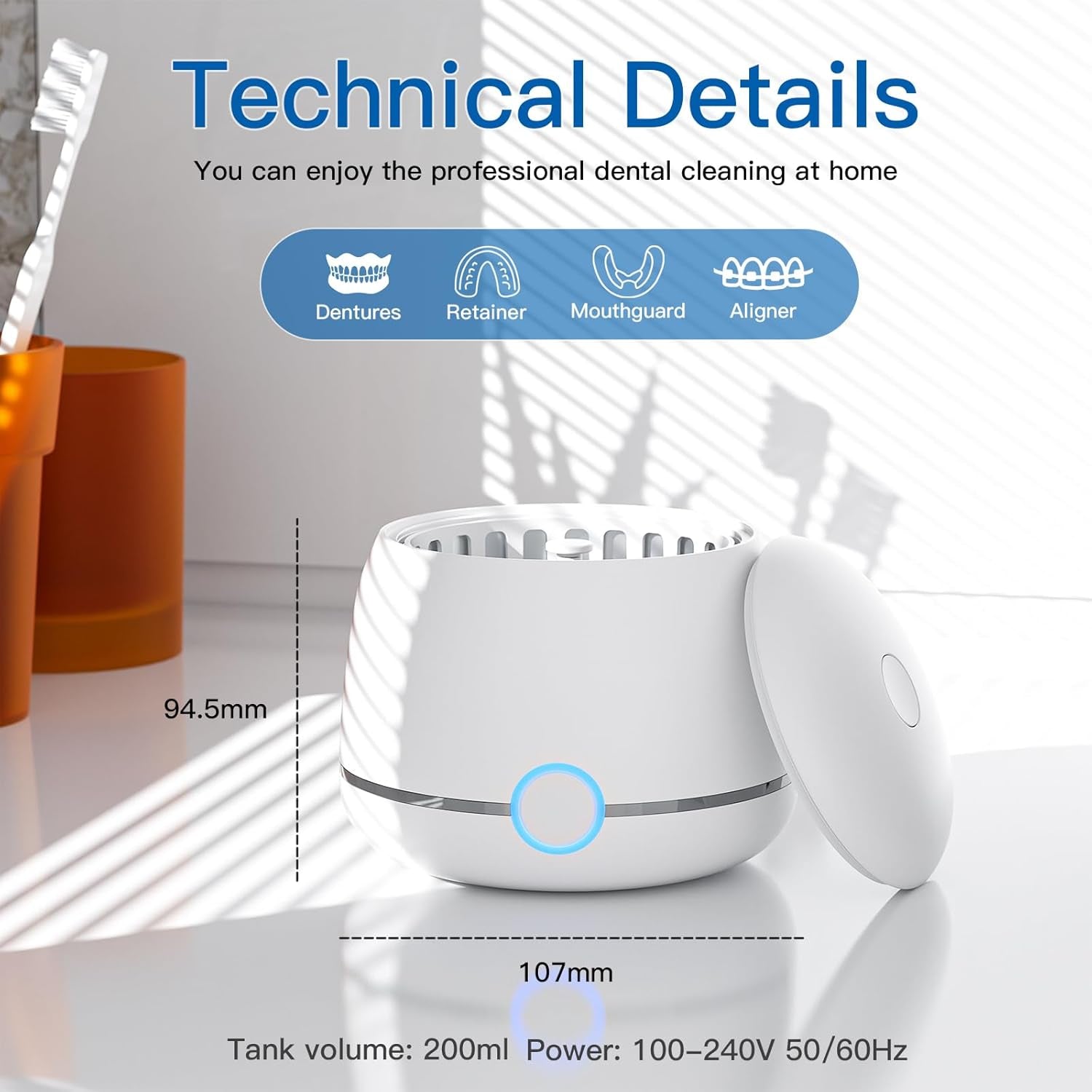 Ultrasonic Retainer Cleaner, 45Khz Denture Cleaner Machine, 5Min and 10Min Modes with Rechargable Top Cover, 200Ml Dental Cleaning Pod, Mouthguard Cleaner for Aligner Nightguard Jewelry