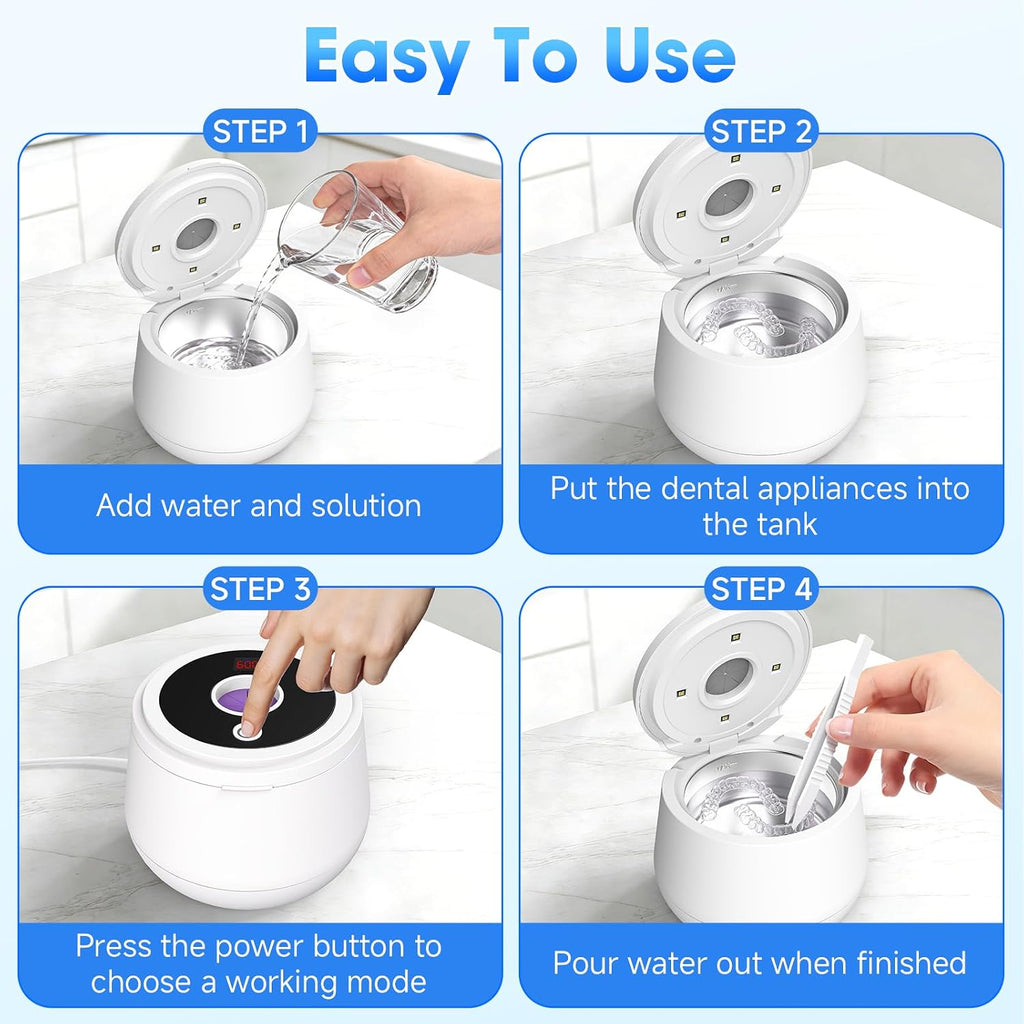 Ultrasonic Retainer Cleaner Machine, 45Khz Retainer Cleaner Machine with Digital Timer & 4 Modes, 200ML Portable Dental Cleaning Pod for Aligners, Dentures, Night Guards, Braces, Jewelry (White)