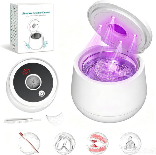 Ultrasonic Retainer Cleaner Machine, 45Khz Retainer Cleaner Machine with Digital Timer & 4 Modes, 200ML Portable Dental Cleaning Pod for Aligners, Dentures, Night Guards, Braces, Jewelry (White)