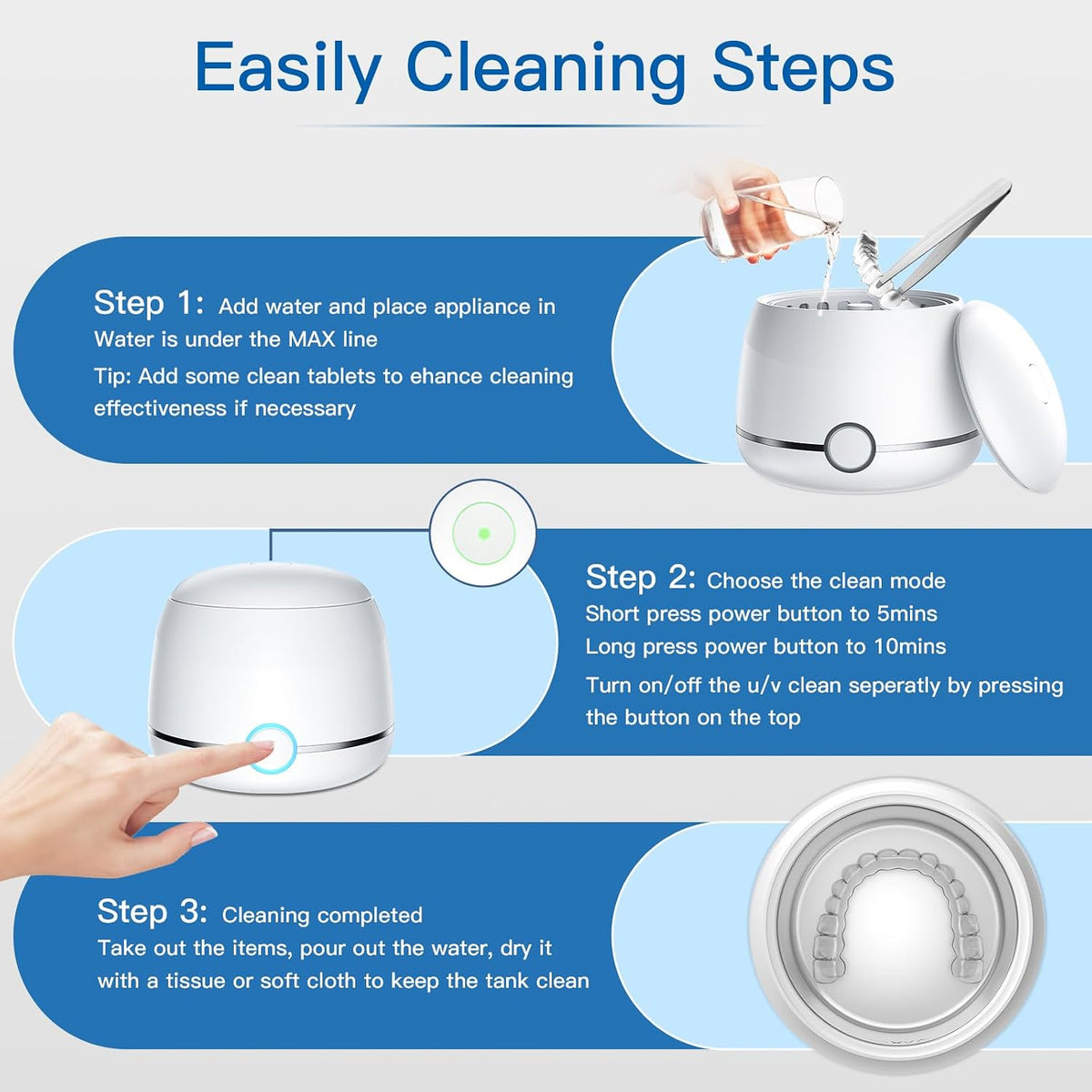 Ultrasonic Retainer Cleaner, 45Khz Denture Cleaner Machine, 5Min and 10Min Modes with Rechargable Top Cover, 200Ml Dental Cleaning Pod, Mouthguard Cleaner for Aligner Nightguard Jewelry