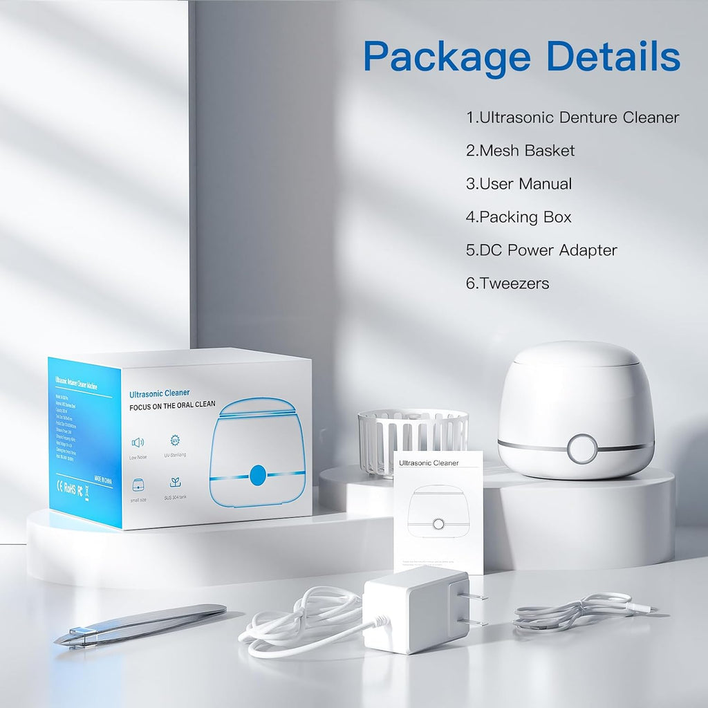 Ultrasonic Retainer Cleaner, 45Khz Denture Cleaner Machine, 5Min and 10Min Modes with Rechargable Top Cover, 200Ml Dental Cleaning Pod, Mouthguard Cleaner for Aligner Nightguard Jewelry