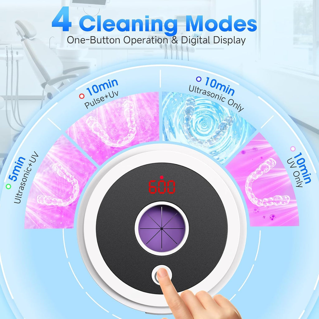 Ultrasonic Retainer Cleaner Machine, 45Khz Retainer Cleaner Machine with Digital Timer & 4 Modes, 200ML Portable Dental Cleaning Pod for Aligners, Dentures, Night Guards, Braces, Jewelry (White)